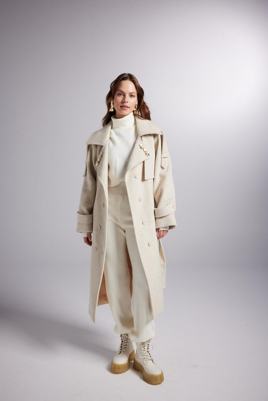Accessorized Wool Blended Cashmere Maxi Woody Ecru Coat - Trench Coats