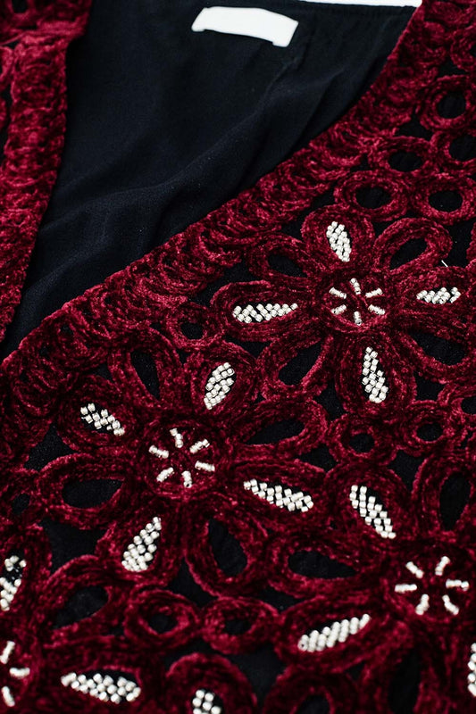 Beaded Embroidery Velvet Short Vest in burgundy - Vests
