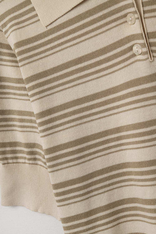 Beige and camel Striped Sweater With Polo Neck - Polos