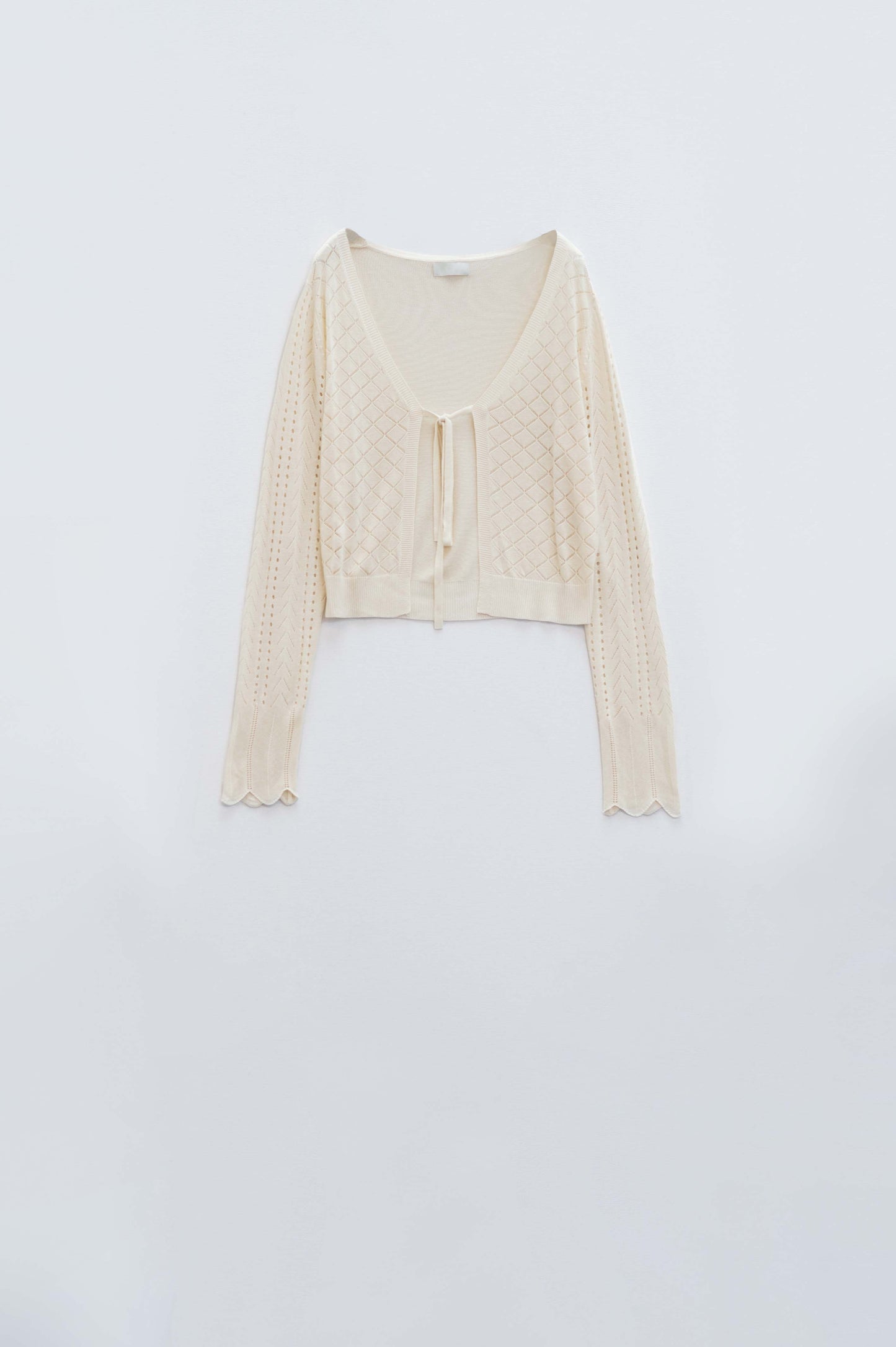 Beige Cardigan with Argyle Print and Tie Closing - Cardigans