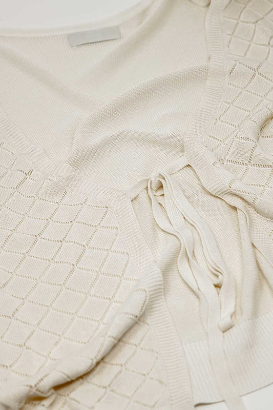 Beige Cardigan with Argyle Print and Tie Closing - Cardigans