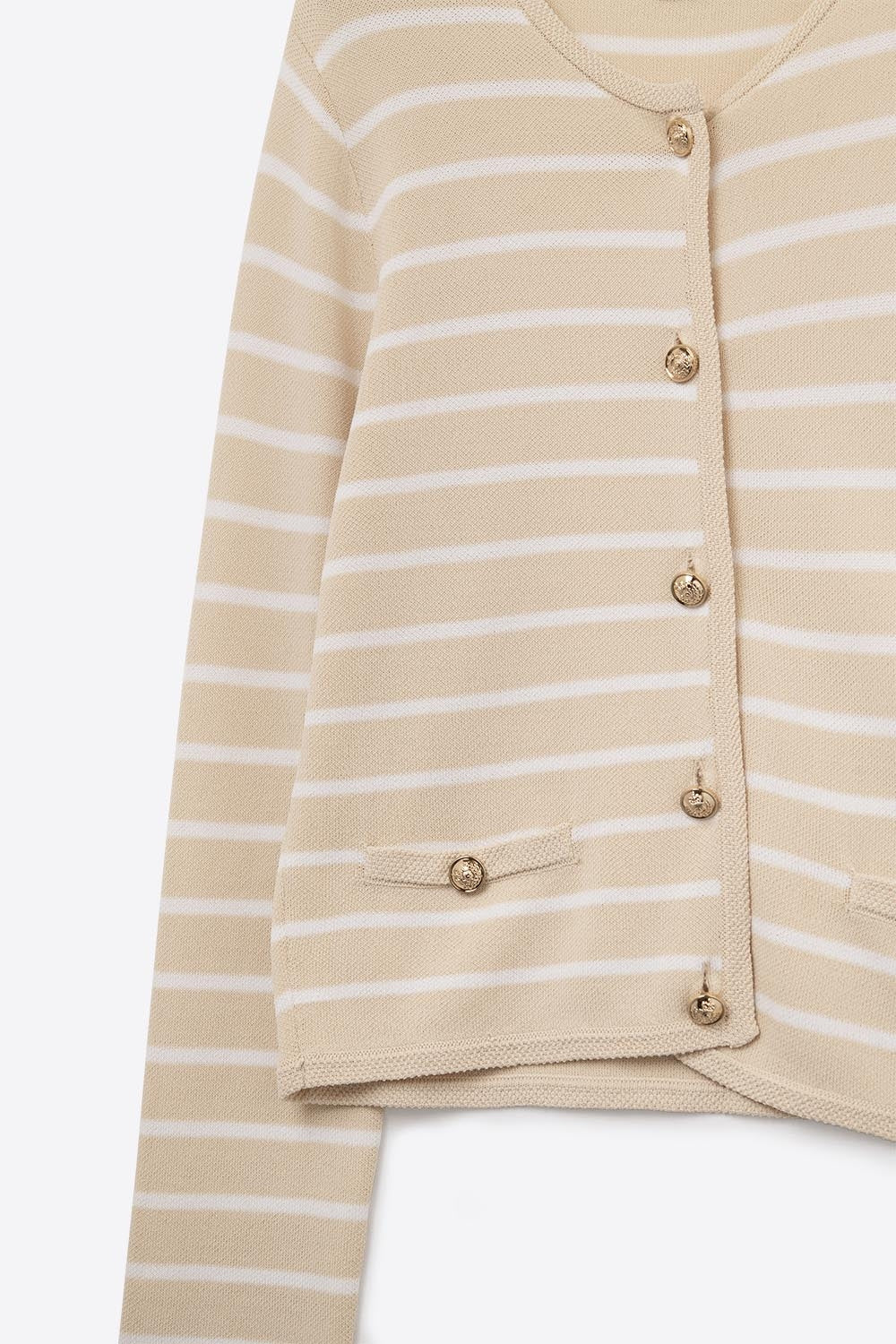 Beige Cardigan with White Stripes and Gold Buttons -