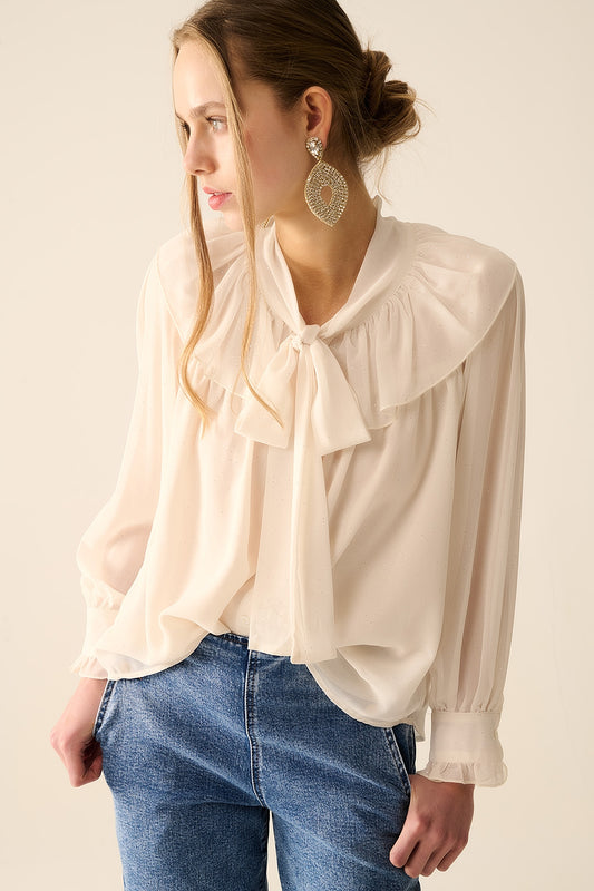 Beige chiffon shirt with bow detail - Shirts
