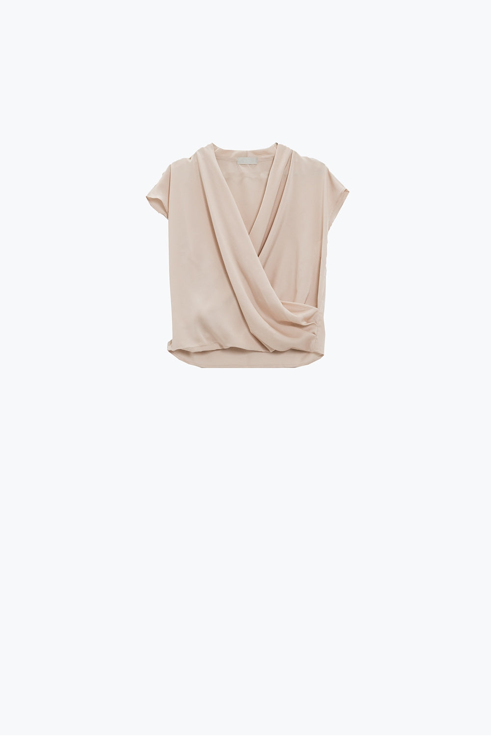 Beige Crossed Silk Top With V-neck and Short Sleeves - Tops