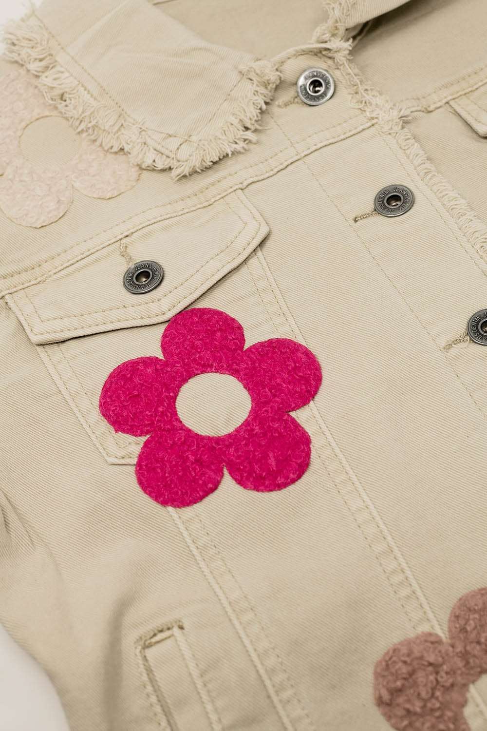 Beige Denim Jacket With Embroided Flowers - Jackets