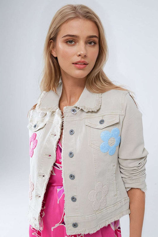 Beige Denim Jacket With Embroided Flowers - Jackets