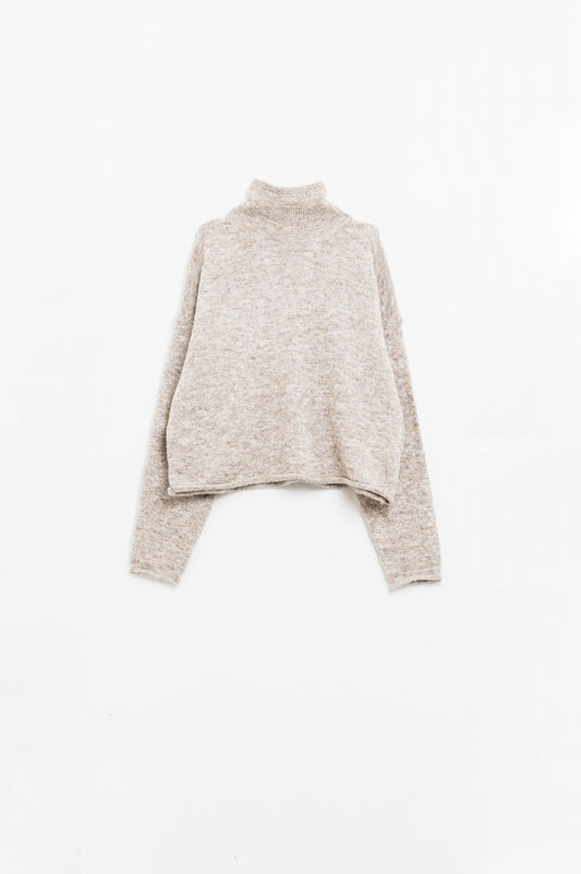 Beige fluffy high neck relax fit sweater - Jumpers