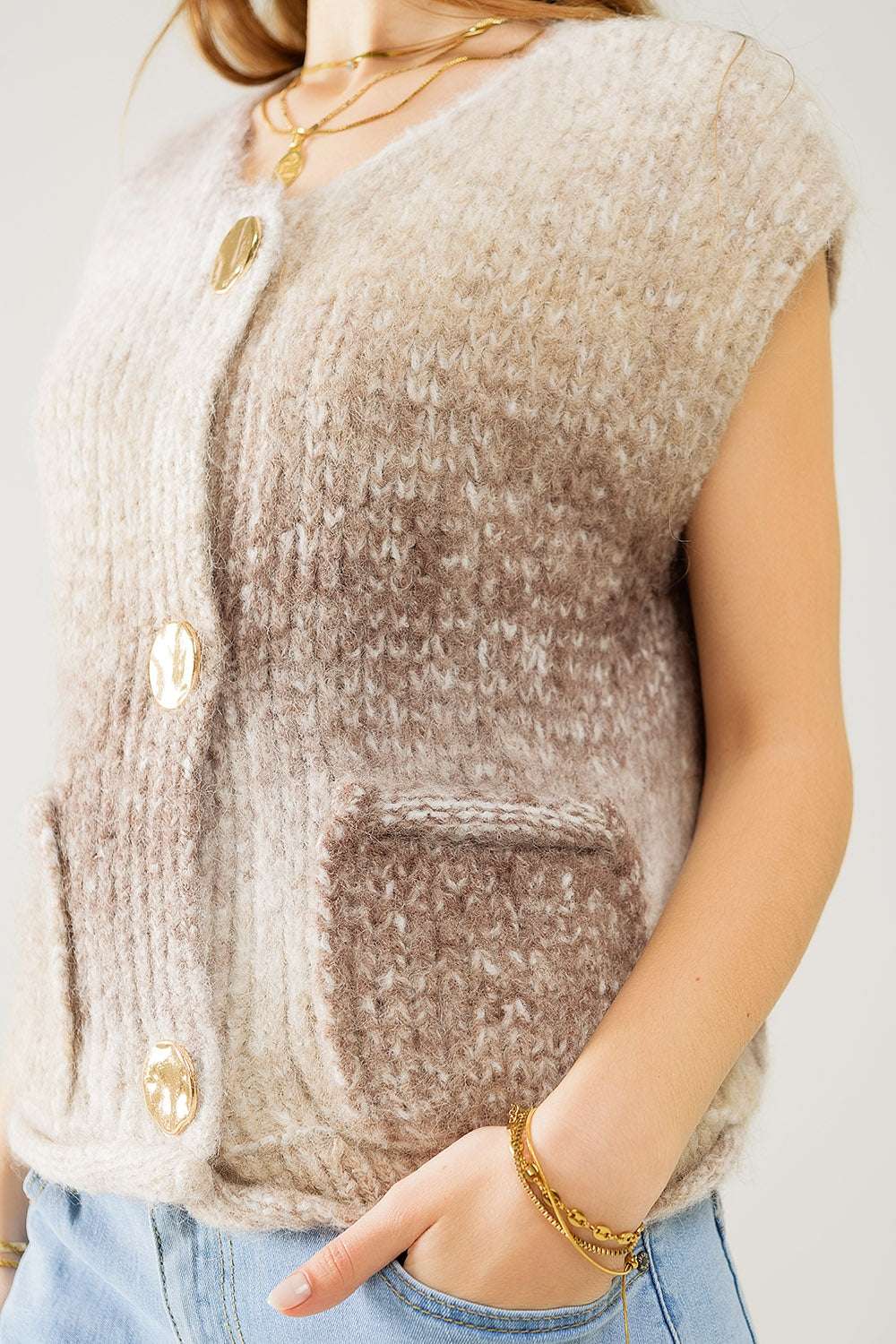 Beige gradient knitted vest with gold buttons - Jumpers