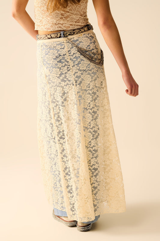 Beige Lace maxi Skirt With Floral design - Skirts