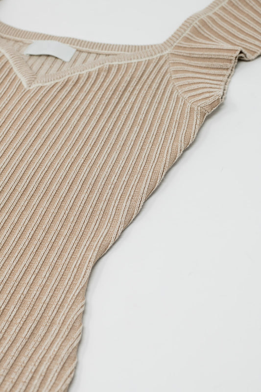 Beige Midi Thick Rib Bodycon Dress With Cap Sleeves - Dresses