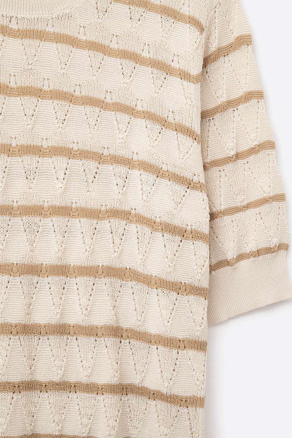 Beige Openwork Knit Top with Short Sleeves and Gold Stripes - Jumpers
