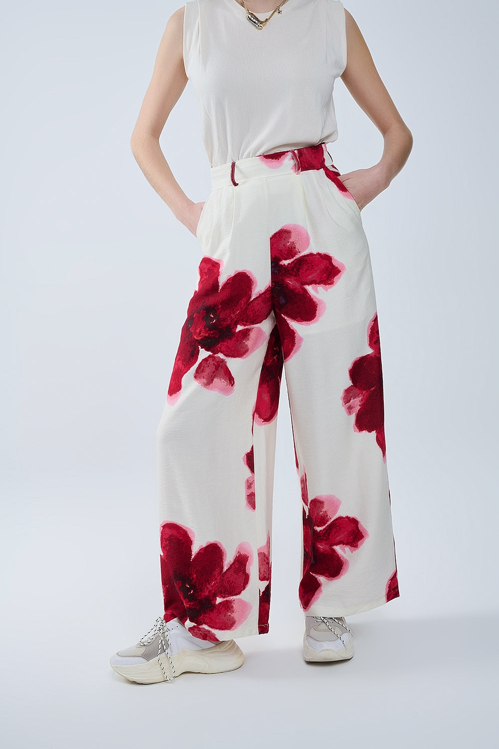 Beige Palazzo Pants With Red Tropial Flower Print and Matching Belt - Trousers