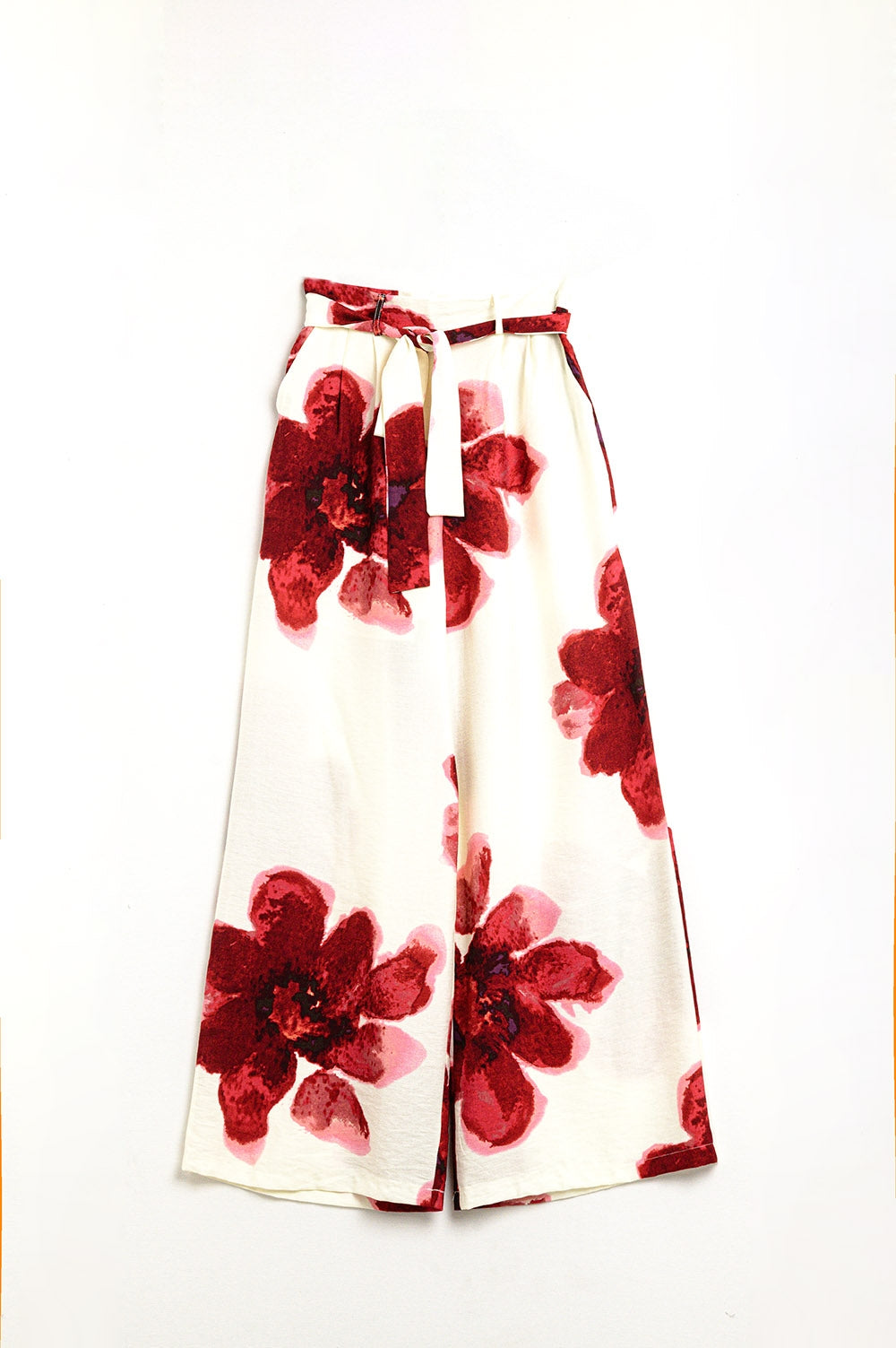 Beige Palazzo Pants With Red Tropial Flower Print and Matching Belt - Trousers