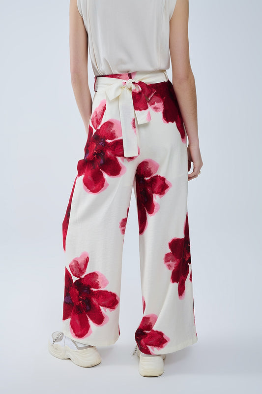 Beige Palazzo Pants With Red Tropial Flower Print and Matching Belt - Trousers