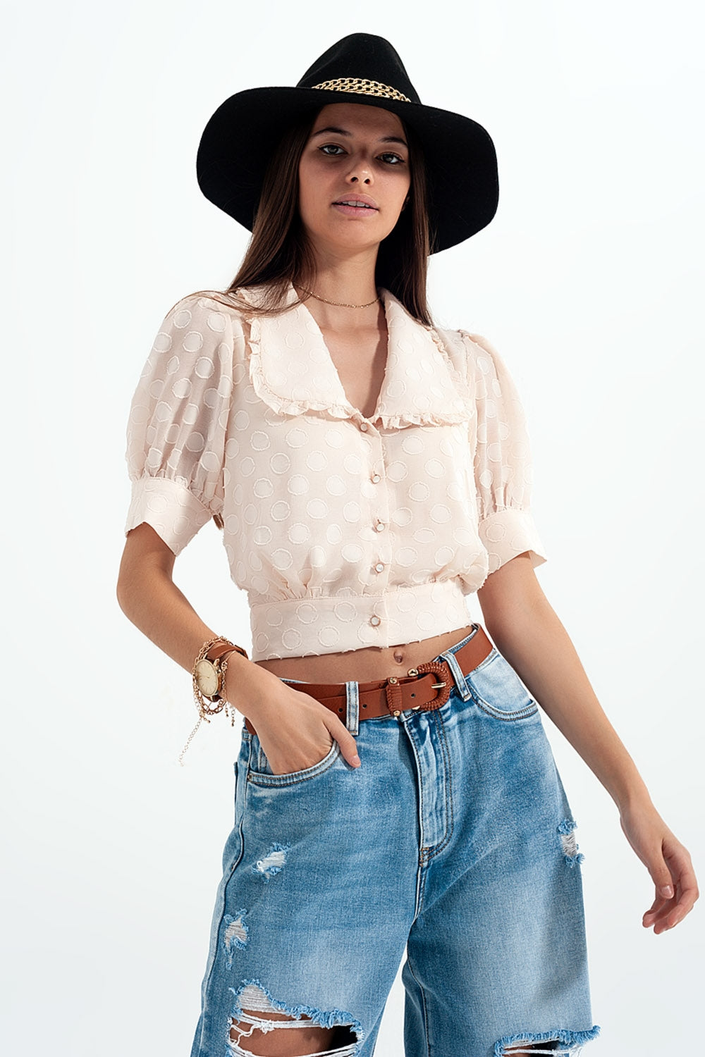 Beige Polka dot blouse with bib collar and embellished buttons - Blouses