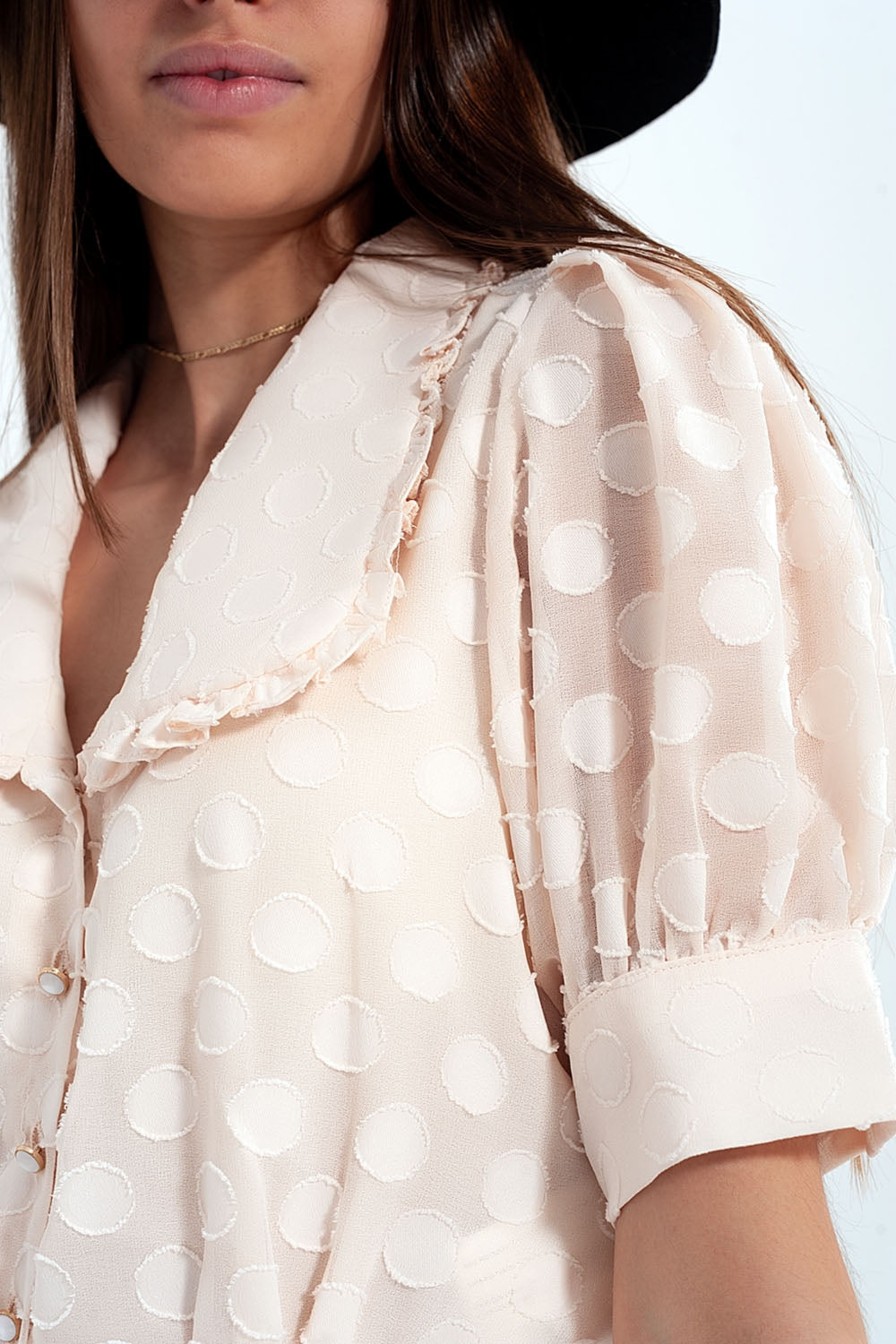 Beige Polka dot blouse with bib collar and embellished buttons - Blouses