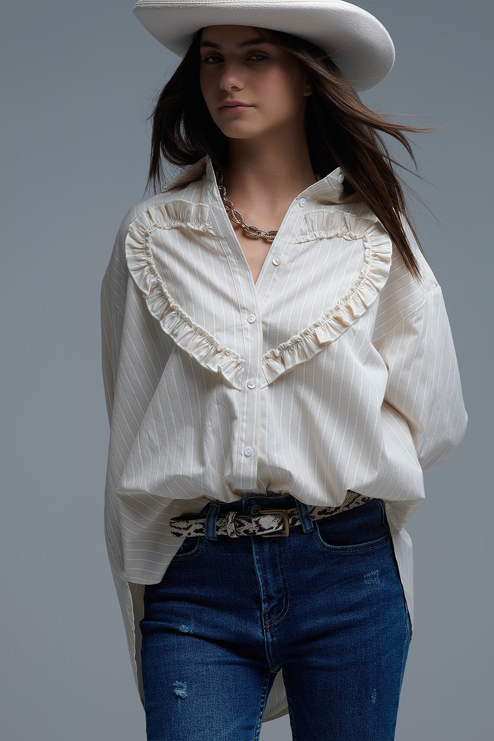 Beige Relaxed Striped Shirt With Heart Seam Detail - Shirts