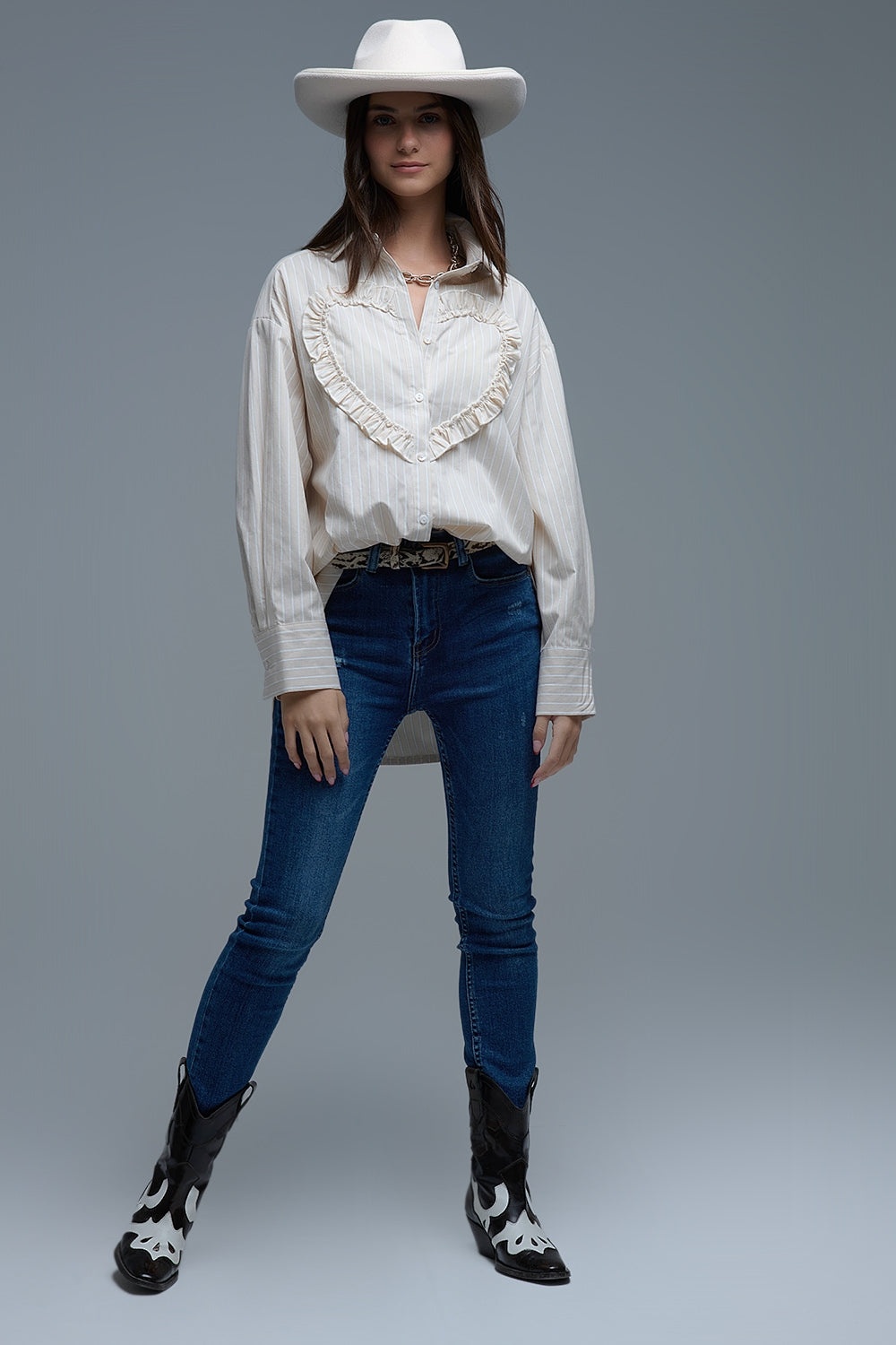 Beige Relaxed Striped Shirt With Heart Seam Detail - Shirts