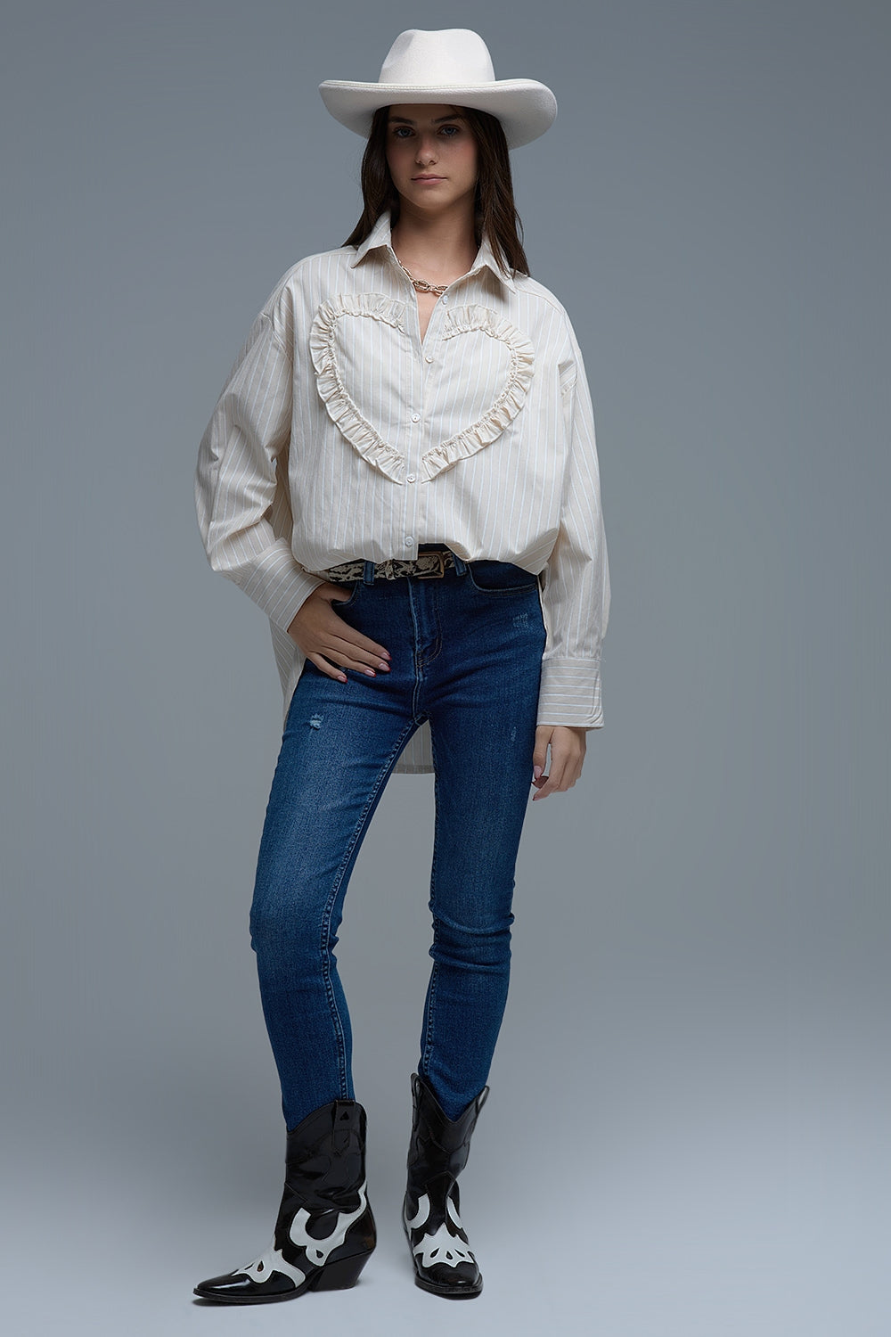 Beige Relaxed Striped Shirt With Heart Seam Detail - Shirts