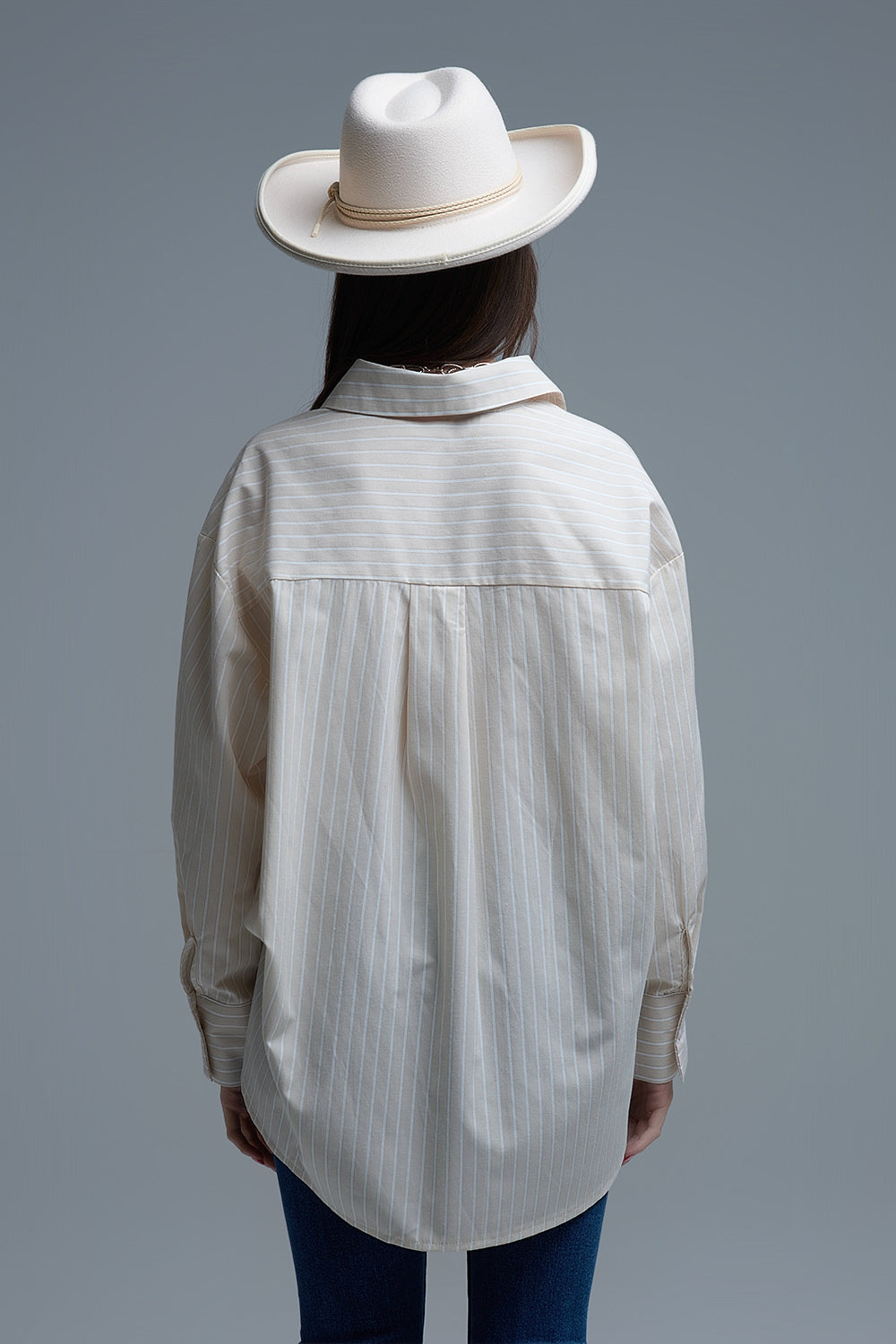Beige Relaxed Striped Shirt With Heart Seam Detail - Shirts