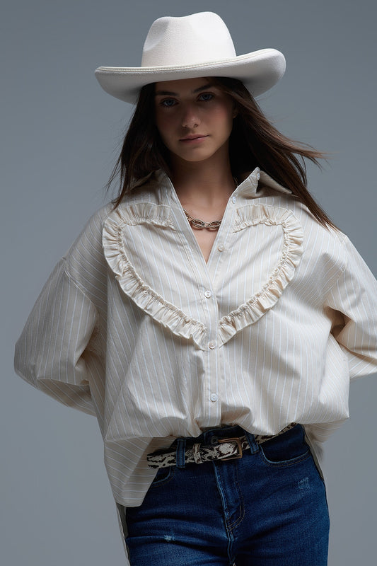 Beige Relaxed Striped Shirt With Heart Seam Detail - Shirts