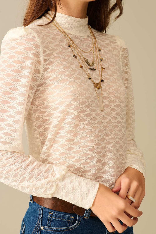Beige Sheer Lace Turtleneck Top with Puff Shoulders - Tops
