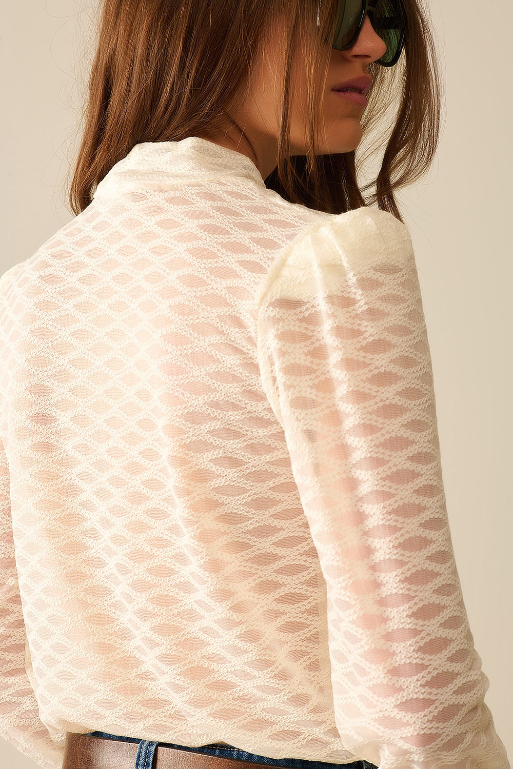 Beige Sheer Lace Turtleneck Top with Puff Shoulders - Tops