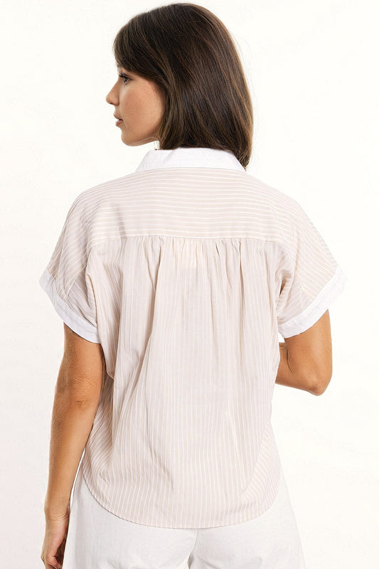Beige shirt with short sleeves and vertical stripes - Shirts