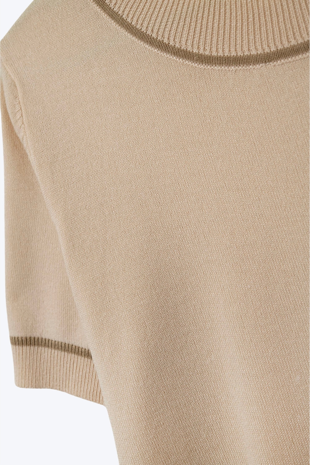 Beige Short Sleeve Knit Top with Camel Contrast Trims - Sweaters