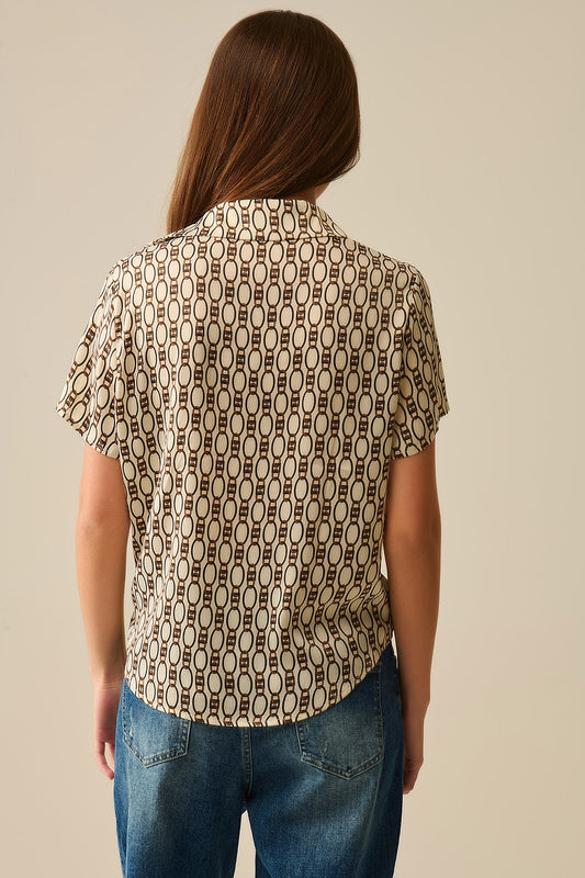 Beige Short-sleeved Chain Print Polo Shirt - Shirts