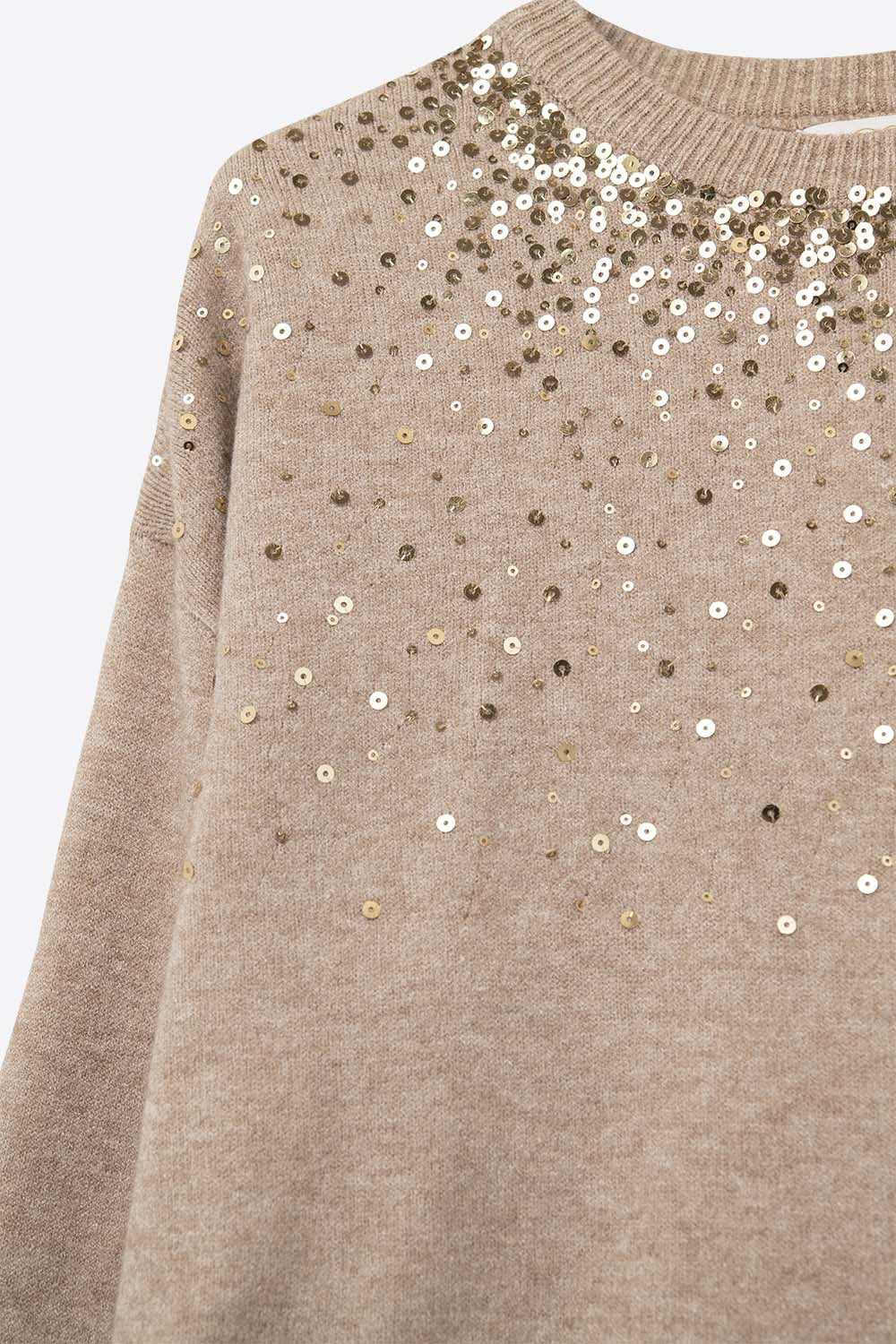 Beige soft knit sweater embellished with sequins on the front -