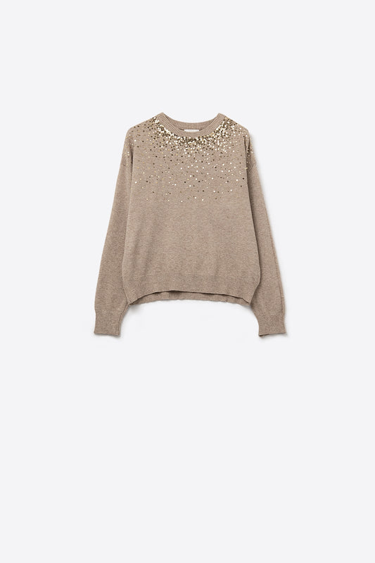 Beige soft knit sweater embellished with sequins on the front -