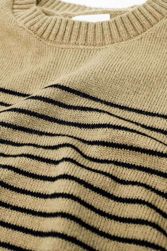 Beige sweater with black stripes and boat neck - Sweaters