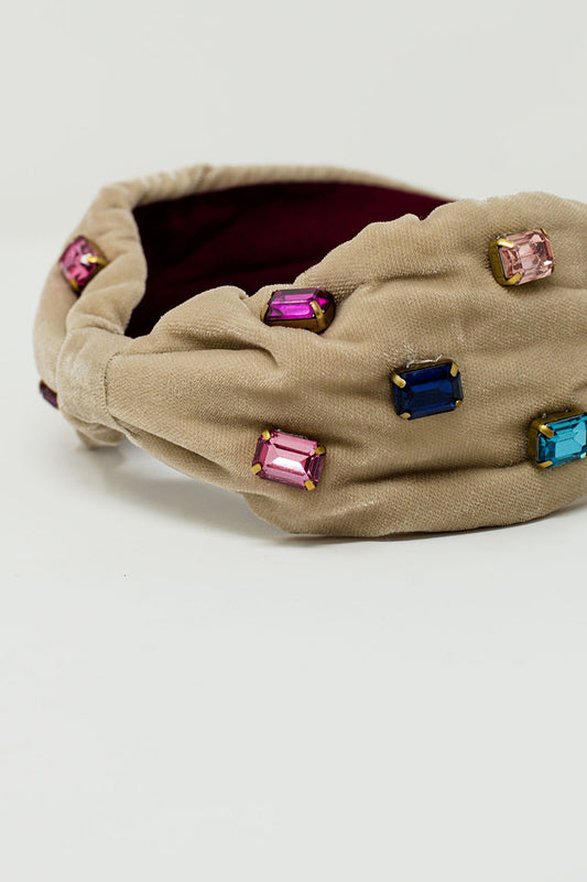 Beige velvet headband with rhinestone embellishments - Headbands