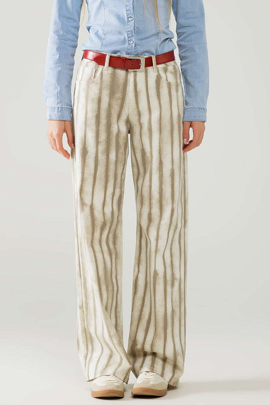 Beige wide leg elastic striped Pants - Trousers