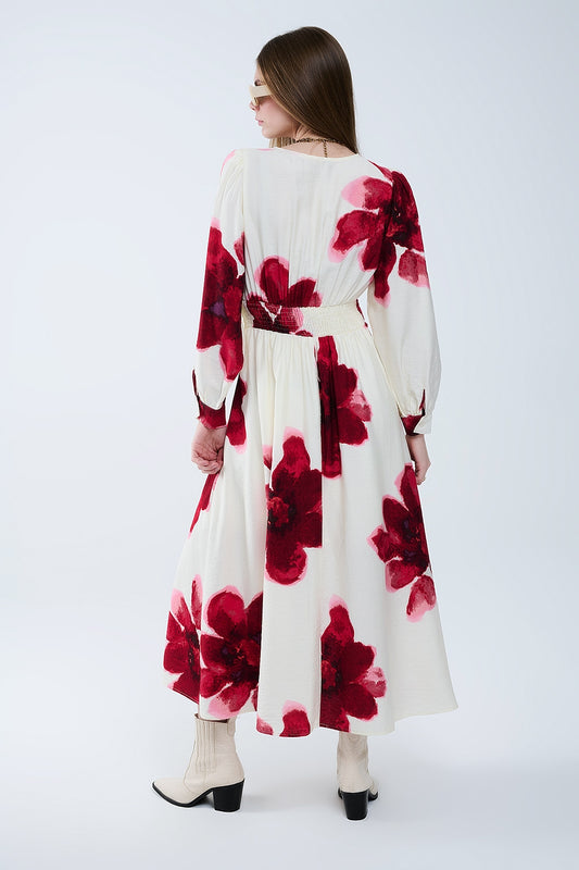 Beige Wrap Midi Dress With Red Tropical Floral Print and Long Sleeves - Dresses