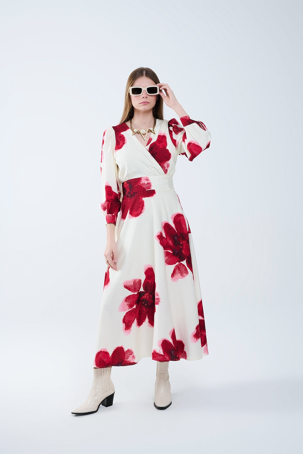 Beige Wrap Midi Dress With Red Tropical Floral Print and Long Sleeves - Dresses