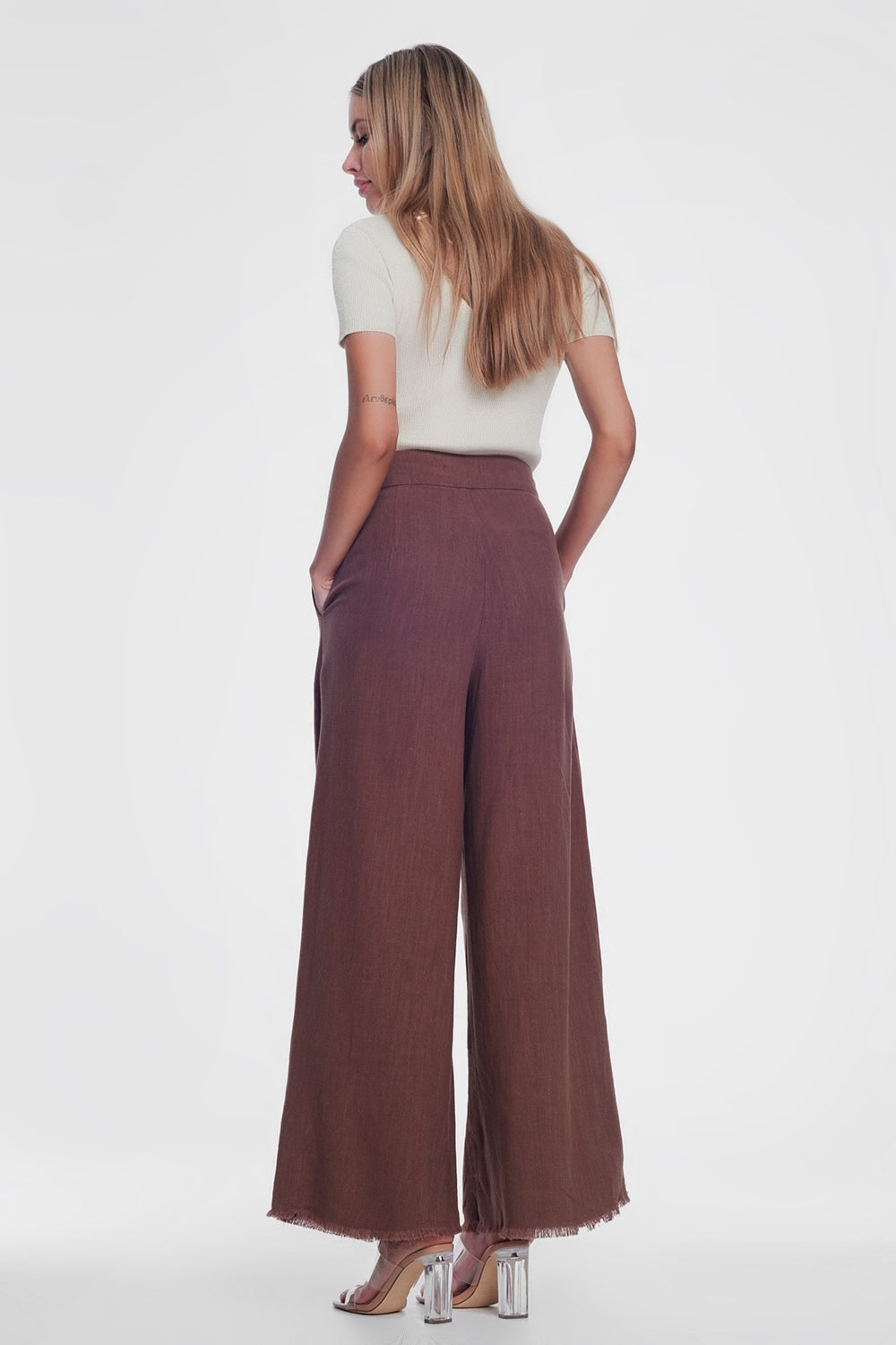 belted high waist wideleg trouser in brown - Trousers