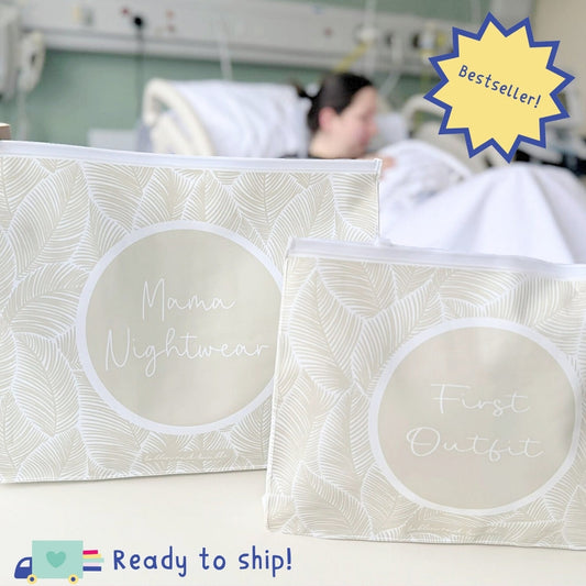 Hospital Bag Organiser Pouches - Unisex Beige Leaf Print - Baby & Toddler