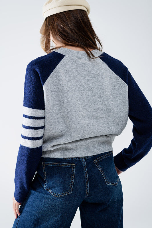 Bi-Color Raglan Sleeve pullover in Navy and Grey - Jumpers