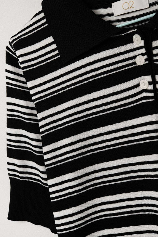 Black and White Striped Sweater With Polo Neck - Polos