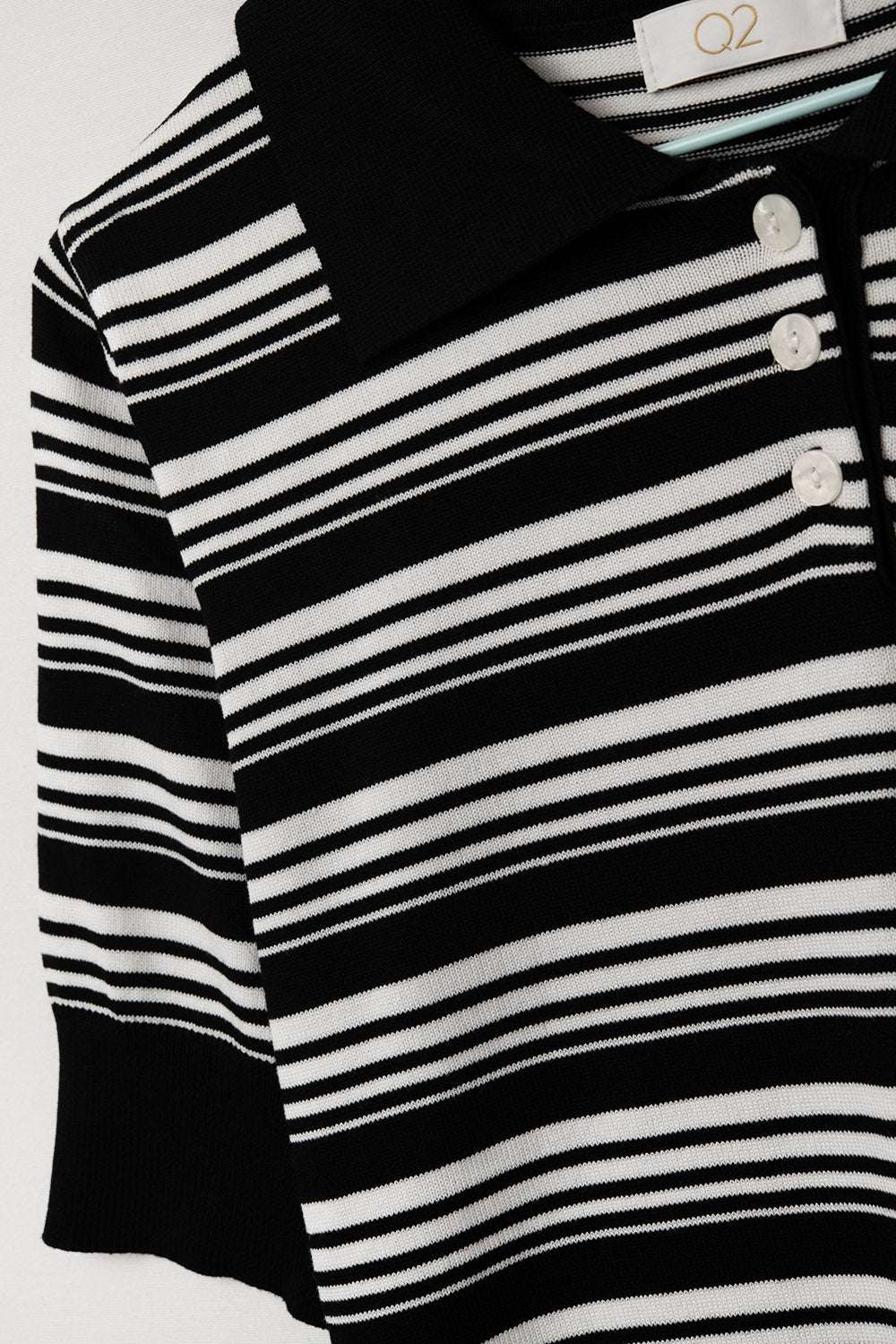 Black and White Striped Sweater With Polo Neck - Polos