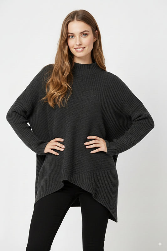 Black Asymmetric Ribbed Knit Sweater Tunic -