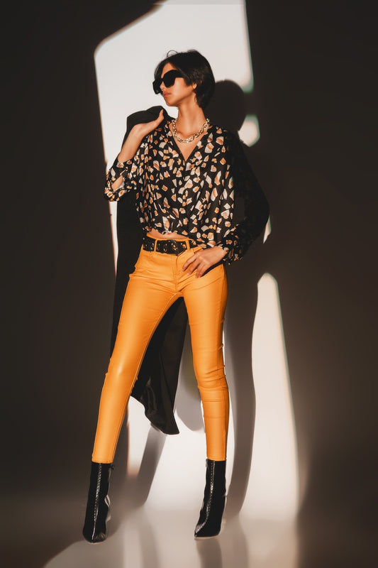 Black blouse with print and wrapped front - Blouses