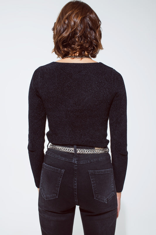 Black chenille sweetheart neck top - Jumpers