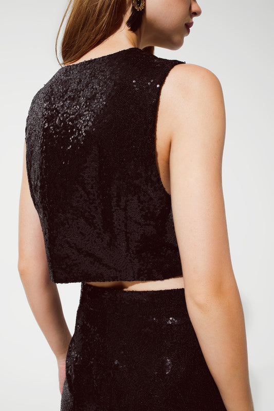 Black Cropped Vest With Reflective Sequins - Vests
