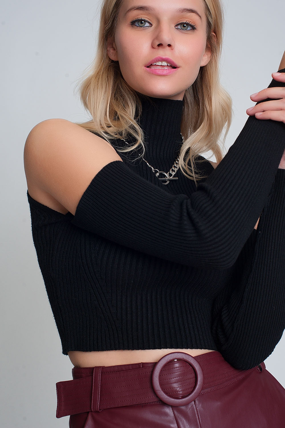 Black cut out rib sweater in fine knit - Jumpers