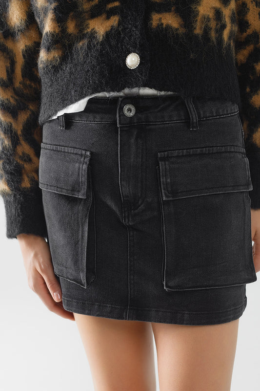 Black denim miniskirt with cargo pockets - Skirts