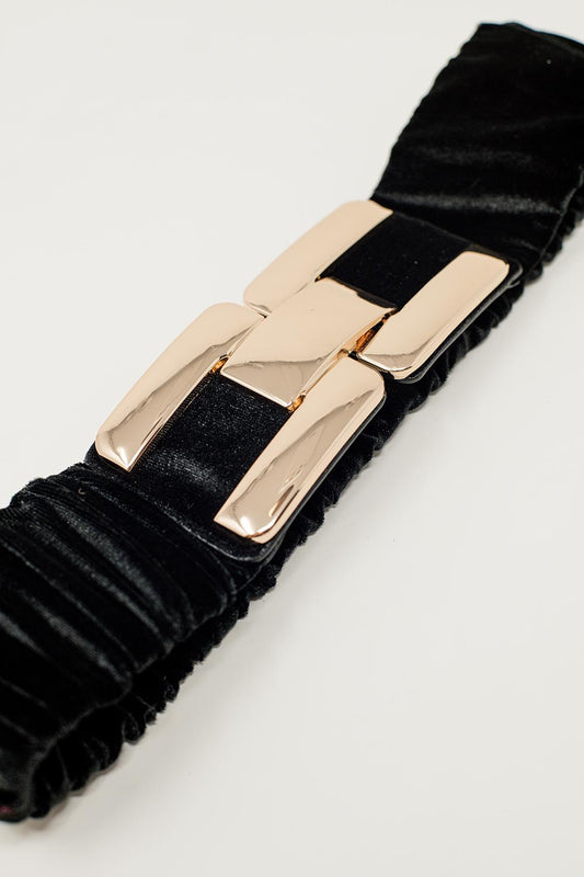 Black elastic velvet belt with metal closure - Belts