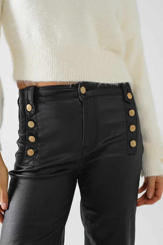 Black faux leather trousers with buttons - Trousers